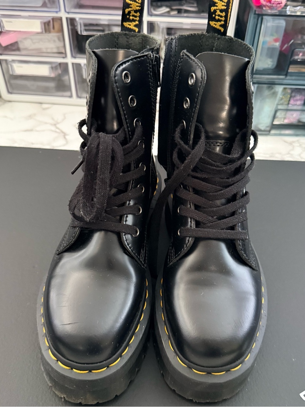 Dr. Martens Women’s Black platform Boots with Yellow Stitching